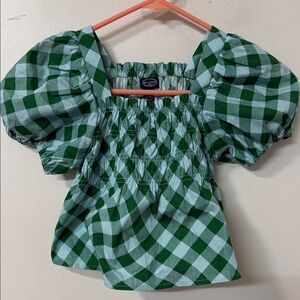 Smocked Puff-Sleeve Gingham Top - Green & Light Blue